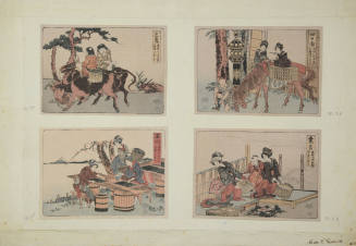 Upper Left: Mishima, No. 12; UR: Women on Horseback at Yokkaichi, no. 49; LL: Producing seaweed at Shinagawa, no. 2 LR: Women Baking Clams at Kuwana, no.48