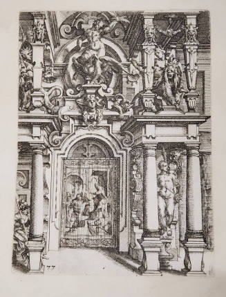 Portal with tapestry (#77) from Architectura von Ausstheilung, Symmetria und Proportion der fünff Seulen, Nürnberg, Hubrecht & Balthasar Caymox