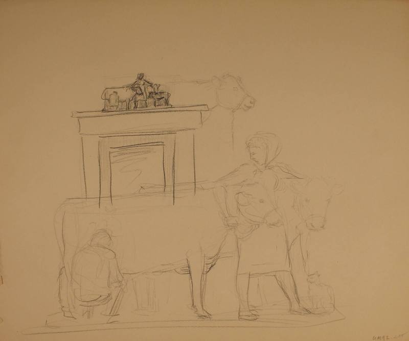Study for the History of Dairying: Cows and fireplace mantle