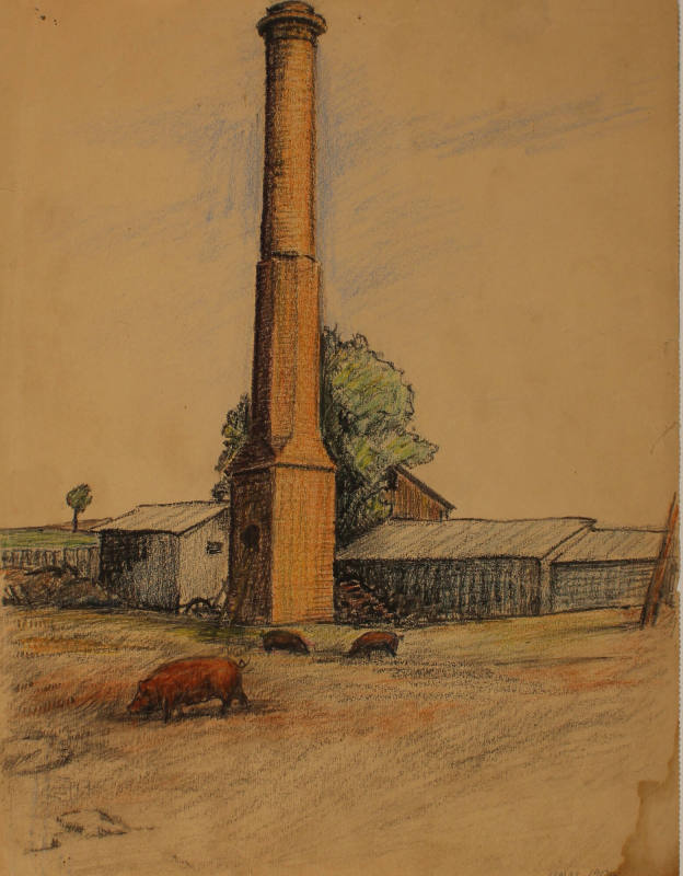 Landscape with pigs, buildings, and a smokestack