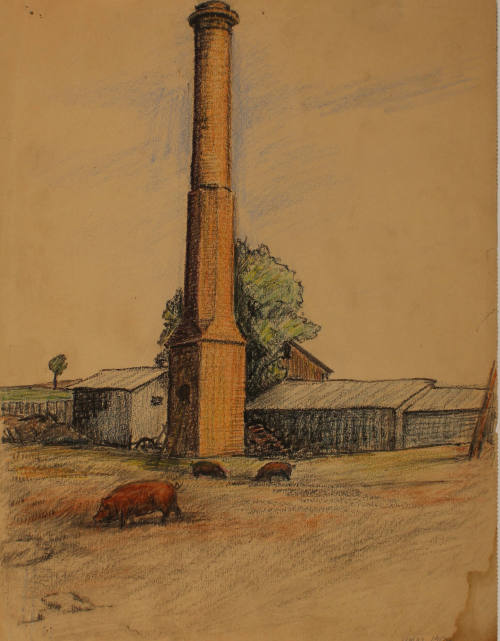 Landscape with pigs, buildings, and a smokestack