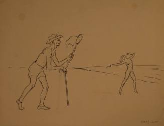 Old man in shorts on a beach trying to catch a nude woman